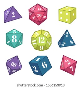 Polyhedron dice for fantasy RPG, tabletop games, isolated icons vector. Cube and geometric figures with numbers on sides. Playing and numeric combinations, gambling and entertainment equipment