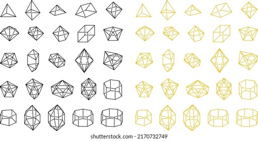 Polyhedron figure golden set. Tetrahedron, pyramid, prism, cube, polygon crystal shape. Geometry style math black polyhedra. Chemistry element 3D form