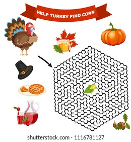 Polyhedron Maze Riddle Game, Find Way Your Path. Help Turkey Find Corn. Labyrinth Rebus For Kids Vector Illustration.