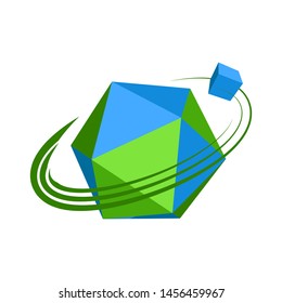 Polyhedron planet globe logo. Geometric world system. Creative cube and sphere icon - vector illustration
