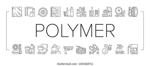 Symbole der Polymerstoffindustrie setzen Vektorgrafik. Gürtel- und Gartenschläuche, Rad- und Flaschenhäuser, Polyester-Resin-Beutel und Container-Polymere-Industrieproduktion Schwarze Kontrastbilder