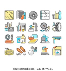 Polymer Material Industry Goods Icons Set Vector. Conveyor Belt And Garden Hose, Wheel And Bottle, Polyester Resin Bag And Container Polymer Industrial Production Color Illustrations