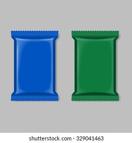 Polymer packaging set, blue and green isolated on gray