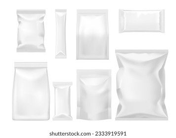 Polymer and paper packages and packets mockups. Food product disposable packaging isolated vector templates. Sugar, dog food, cookie or chips plastic or paper sachets, blank aluminium packets set