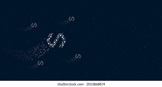A polymer symbol filled with dots flies through the stars leaving a trail behind. Four small symbols around. Empty space for text on the right. Vector illustration on dark blue background with stars