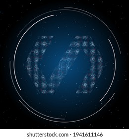 The polymer symbol filled with white dots. Pointillism style. Some dots is red. Vector illustration on blue background with stars
