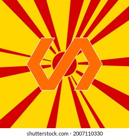 Polymer symbol on a background of red flash explosion radial lines. The large orange symbol is located in the center of the sun, symbolizing the sunrise. Vector illustration on yellow background
