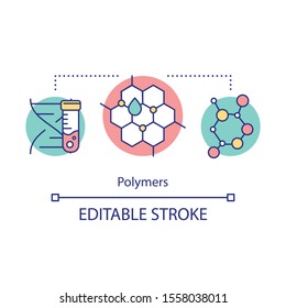 Polymers-Konzeptsymbol. Biomimetische Materialien. Biopolymere. Polymerische Biomoleküle. Molekulare Struktur. Bioengineering Idee dünne Linie Illustration. Vektor-einzelne Rahmenzeichnung. Bearbeitbarer Hub