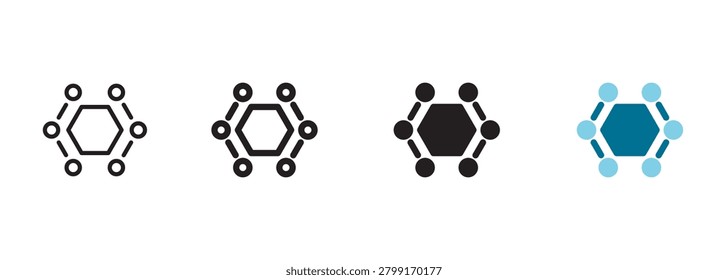 Polymers icon with a central hexagon structure surrounded by connected molecular ring nodes representing smart factory advanced chemical material science and digital manufacturing engineering tech.
