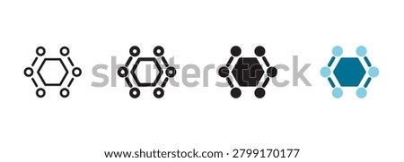 Polymers icon with a central hexagon structure surrounded by connected molecular ring nodes representing smart factory advanced chemical material science and digital manufacturing engineering tech.