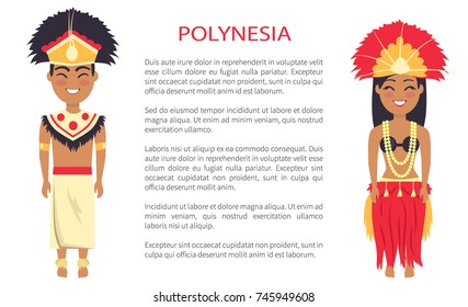 Polynesia couple wearing traditional clothes with feathers and hats, vector international day poster ethnic people with text, native polynesians