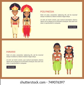 Polynesia and hawaii set of web-pages representing two nationalities with their peculiarities, text and button on vector illustration