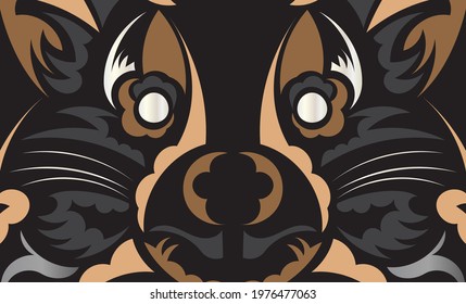 Polynesia and Maori dark luxury banner with raccoon face. Vector.