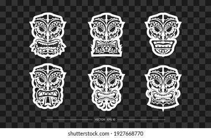 Polynesia Mask Pattern Set. The contour of the face or mask of a warrior. Polynesian, Hawaiian or Maori patterns. Template for print, t-shirt or tattoo. Vector illustration.