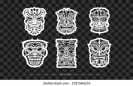 Polynesia Mask Pattern Set. The contour of the face or mask of a warrior. Template for print, t-shirt or tattoo. Vector illustration.