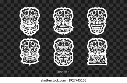 Polynesia mask set. The contour of the face or mask of a warrior. Template for print, t-shirt or tattoo. Vector illustration.