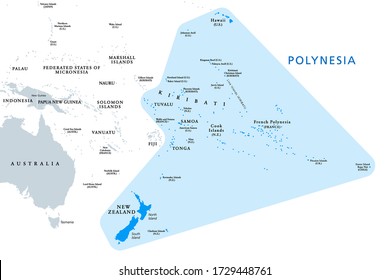 Polynesia, Subregion Of Oceania, Political Map.  A Region, Made Up Of More Than 1000 Islands Scattered Over The Central And Southern Pacific Ocean. English. Illustration On White Background. Vector.