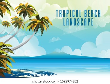 Polynesia Tahiti Tropical Beach Landscape. Handmade drawing vector illustration. All object are grouped into different layers. Can be used for banners, posters, cards & etc.