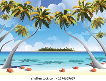 Polynesia Tahiti Tropical Beach Landscape. Handmade drawing vector illustration. All object are grouped into different layers. Can be used for banners, posters, cards & etc.