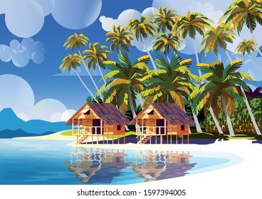 Polynesia Tropical Beach Landscape with traditional houses and palm trees. Handmade drawing vector illustration. All object are grouped into different layers.