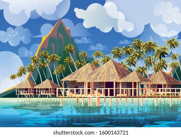 Polynesia Tropical Beach Landscape with traditional houses and palm trees. Handmade drawing vector illustration. All object are grouped into different layers.