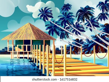 Polynesia Tropical Beach Landscape with traditional house and palm trees. Handmade drawing vector illustration. All object are grouped into different layers.