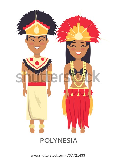 Polynesian Couple Wearing Traditional Clothes Feathers Stock Vector ...