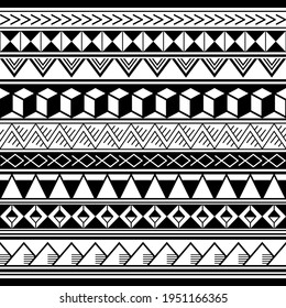 Polynesian ethnic geometric seamless vector pattern, retro Hawaiian tribal repetitive design in black and white. Traditional zig-zag tattoo art repetitive design with triangles, monochrome 