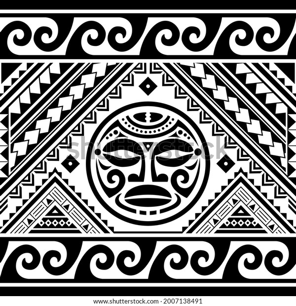 Polynesian ethnic seamless geometric vector pattern with\
Maori face tattoo design and waves, Hawaiian tribal ornament.\
Repetitive abstract design, traditional textile or fabric print in\
black 