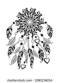 Polynesian feather mandala, page for adult colouring book, vector design element. Ornamental doodle pattern isolated on white background.