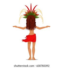 Polynesian female dancer in red pareo and headdress with leafs and feathers