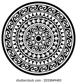 Polynesian geometric mandala vector pattern, Hawaiian tribal design with waves and geometric ornament in black and white. Retro ethnic round background, monochrome boho decoration
