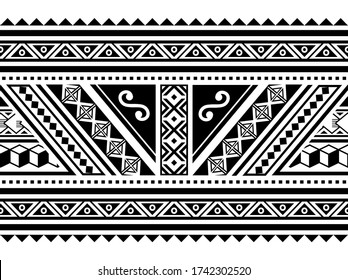 Polynesian geometric seamless vector long horizontal pattern, Hawaiian tribal design inspired by Maori tattoo art. Maori traditional art repetitive design with triangles, zig-zag, abstract shapes 