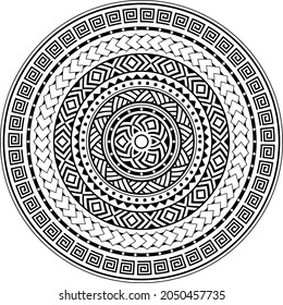 Polynesian geometric vector pattern mandala in Maori style, Hawaiian tribal background inspired by art traditional geometric art. background in black and white