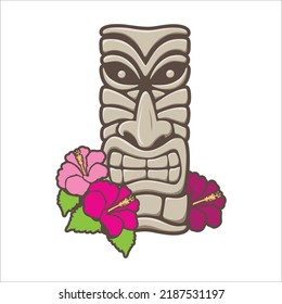 Polynesian god statue with hibiscus flowers, vector artwork