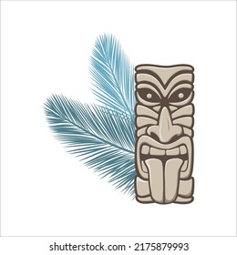 Polynesian god statue with palm branches, vector artwork