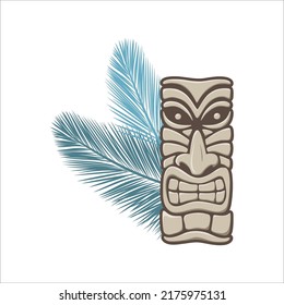Polynesian god statue with palm branches, vector artwork