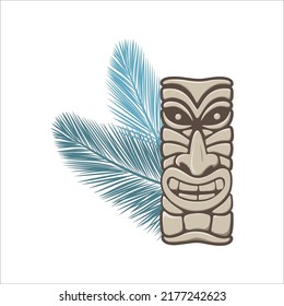 Polynesian god statue with palm branches, vector artwork