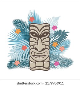 Polynesian god statue with palm branches, vector artwork