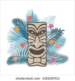 Polynesian god statue with palm branches, vector artwork