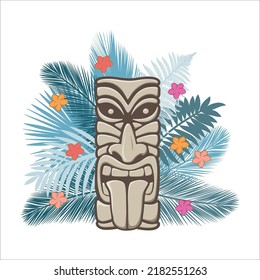 Polynesian god statue with palm branches, vector artwork