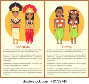 Polynesian and hawaii couple wearing traditional clothes with feathers and flowers, culture of country vector, international day posters with text