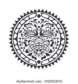 Polynesian Hawaiian style tattoo in the shape of a round mask. Tribal round pattern of the Mayan tribe. Isolated. Vector illustration.