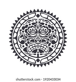 Polynesian Hawaiian style tattoo in the shape of a round mask. Tribal round pattern of the Mayan tribe. Isolated. Vector 