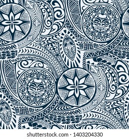 Polynesian Hawaiian Style Tribal Tattoo Fabric Vector Seamless Pattern