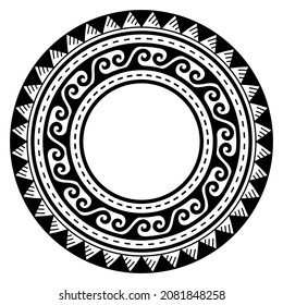 Polynesian Hawaiian Tattoo Style Round Frame Or Border Vector Design, Boho Tribal Wave Mandala Pattern Inspired By Art Traditional Geometric Art. Bohemian Black And White Ornament In Circle