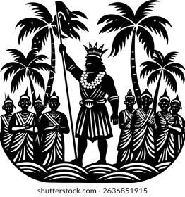 Polynesian king addresses his people under palm trees