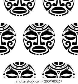 Polynesian Maori face tattoo vector seamless pattern, Hawaiian man or woman tribal repetitive design. Hawaiian geometric face black and white - ethnic background
