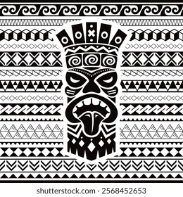 Polynesian Maori geometric seamless vector pattern with totem head, Hawaiian tribal repetitive design in black and white. Traditional tattoo art repetitive design with god pole, triangles, zig-zag