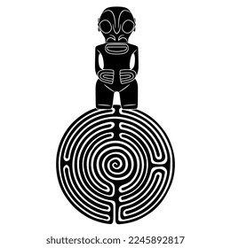 Polynesian Maori God Tane from New Zealand on top of a round spiral maze or labyrinth symbol. Creative concept. Black and white silhouette.
